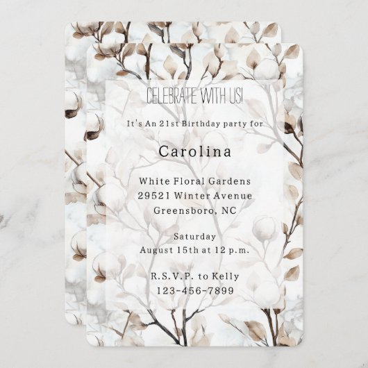 Romantic Pretty White Flowering Tree Birthday 招待状 (正面/裏面)