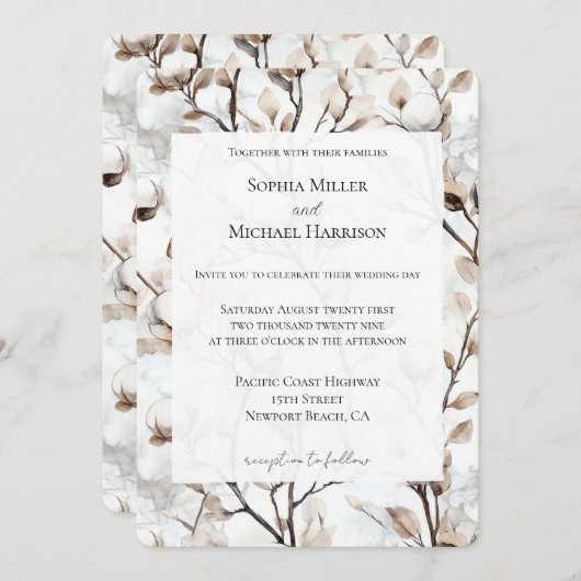 Romantic Pretty White Flowering Tree Wedding 招待状 (正面/裏面)