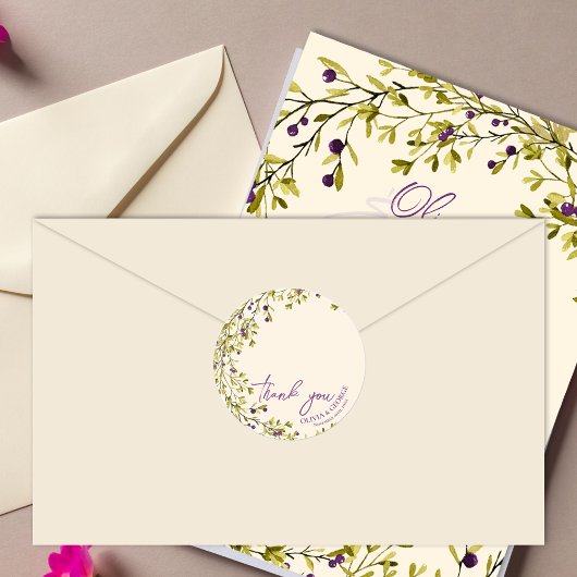 Romantic Purple & Blue Floral Wedding Thank You ラウンドシール