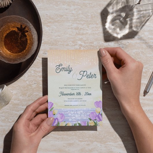 Romantic Purple Floral Beach Sunset Wedding Invite ポストカード