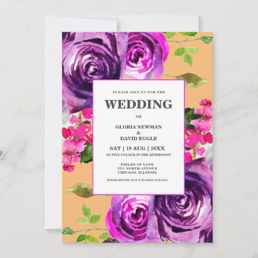 Romantic Purple Floral Wedding Invitation 招待状 (正面)