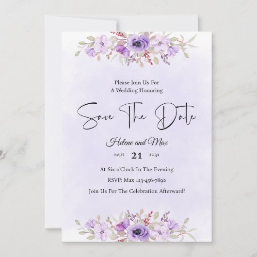 Romantic Purple Floral Wedding Save the Date 招待状 (正面)