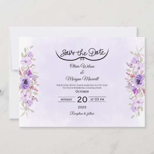 Romantic Purple Floral Wedding Save the Date 招待状 (正面)