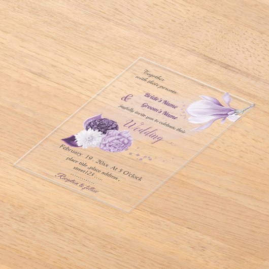 romantic purple flowers botanical wedding アクリル招待状 (レイダウン)