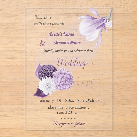 romantic purple flowers botanical wedding アクリル招待状 (正面)