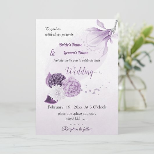 romantic purple flowers botanical wedding 招待状 (スタンド正面)