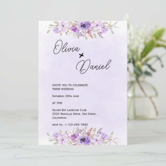 Romantic Purple Minimalist Floral Wedding 招待状 (スタンド正面)