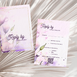 Romantic QR Code Lavender Gold Floral Wedding  出欠カード