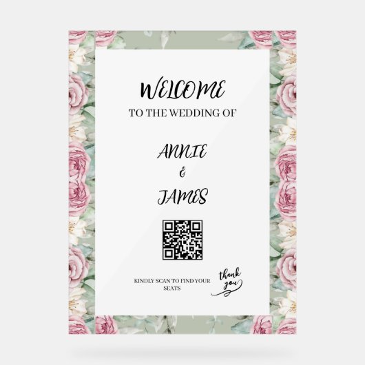 Romantic QR code Wedding seating welcome sign アクリルサイン (正面)