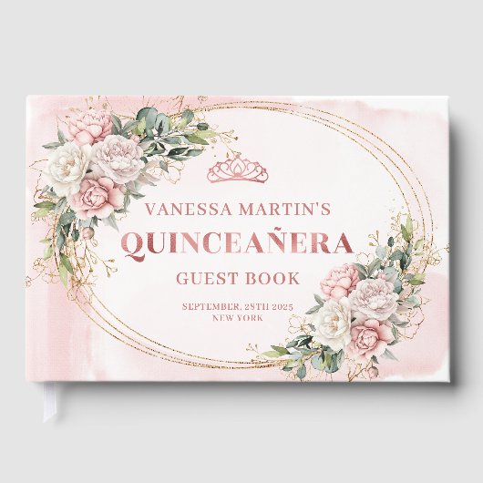 Romantic Quince Guest Book with Blush Florals ゲストブック (正面)