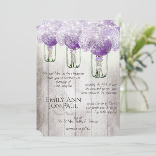 Romantic Radiant Orchid Mason Jar Firefly Wedding 招待状 (スタンド正面)