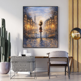 Romantic Rainy City Watercolor Poster ポスター