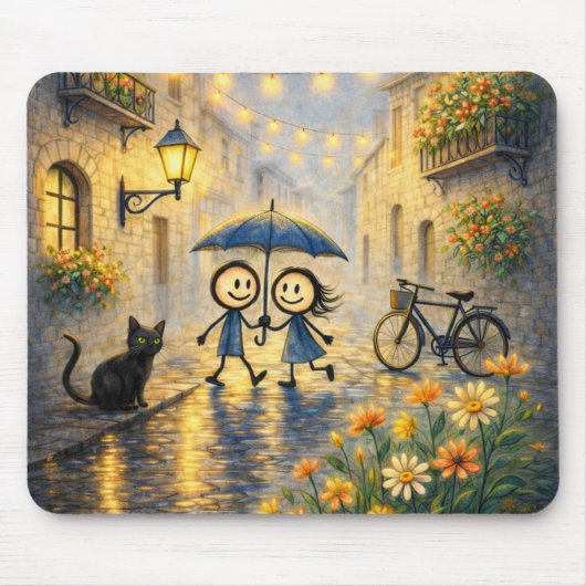 Romantic Rainy Street Couple Umbrella Mouse Pad マウスパッド (正面)