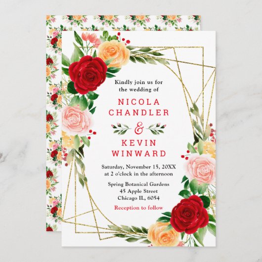 Romantic Red and Orange Roses 招待状 (正面/裏面)