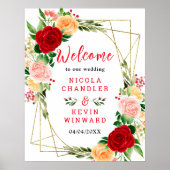 Romantic Red and Orange Roses Wedding Welcome Sign ポスター (正面)