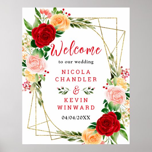 Romantic Red and Orange Roses Wedding Welcome Sign ポスター (正面)