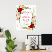 Romantic Red and Orange Roses Wedding Welcome Sign ポスター (ホームオフィス)