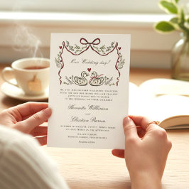 Romantic Red Bow Swans Formal Wedding Invitation 招待状