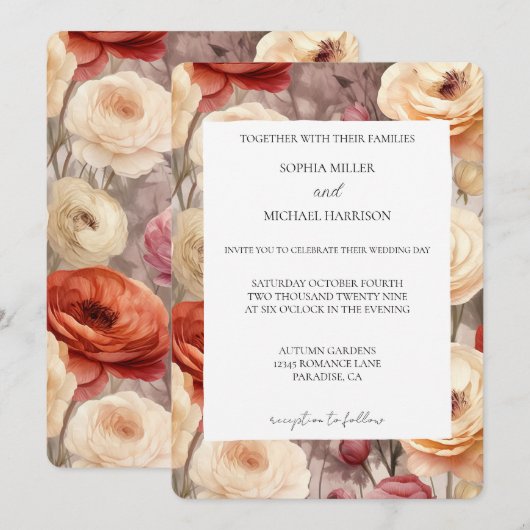 Romantic Red Cream Floral Wedding 招待状 (正面/裏面)