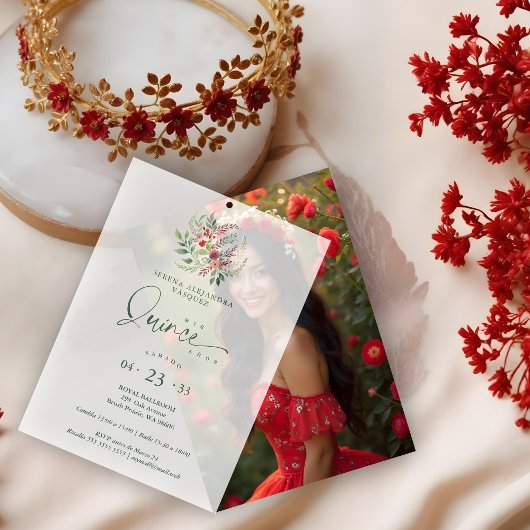 Romantic Red Floral Floral Boho Quinceañera ベラム紙招待状