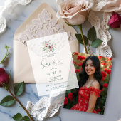 Romantic Red Floral Floral Boho Quinceañera ベラム紙招待状
