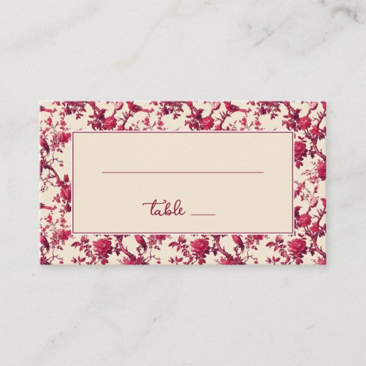 Romantic Red Floral Vintage Birds プレイスカード (正面)