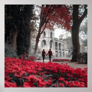 Romantic Red Flowers Couple Square Wall Poster ポスター
