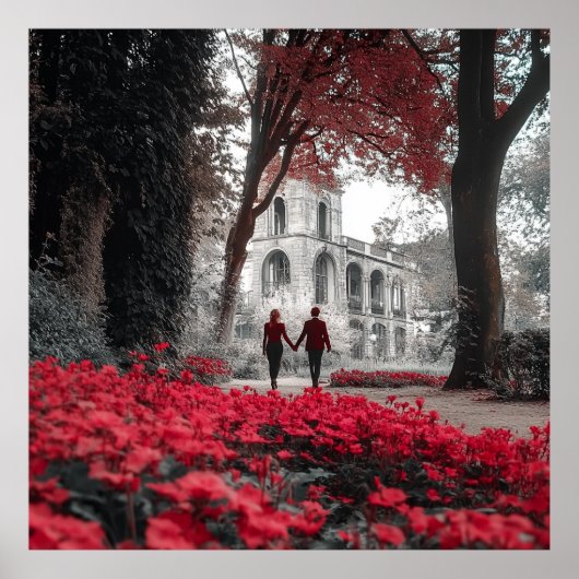 Romantic Red Flowers Couple Square Wall Poster ポスター (正面)