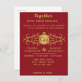 Romantic red gold elegant monogramme wedding  インビテーションポストカード