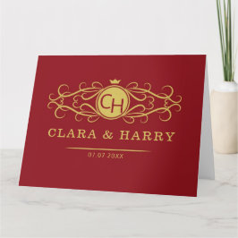 Romantic red gold elegant monogramme wedding  カード