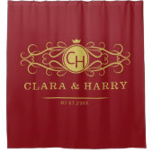 Romantic red gold elegant monogramme wedding  シャワーカーテン (正面)