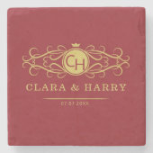 Romantic red gold elegant monogramme wedding  ストーンコースター (正面)