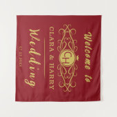 Romantic red gold elegant monogramme wedding  タペストリー (正面(横))