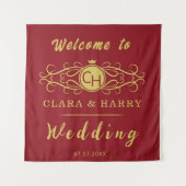 Romantic red gold elegant monogramme wedding  タペストリー (正面)