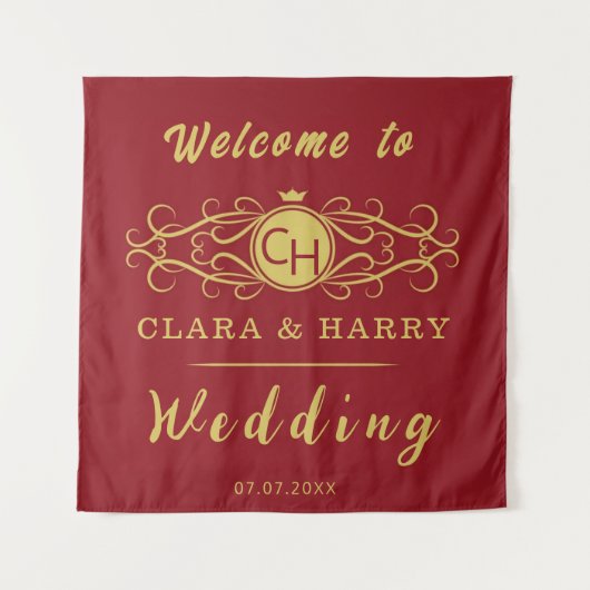 Romantic red gold elegant monogramme wedding  タペストリー (正面)