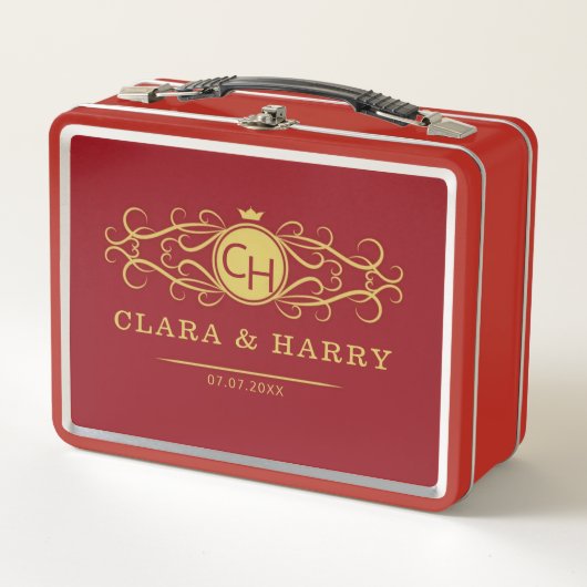 Romantic red gold elegant monogramme wedding  メタルランチボックス (正面)