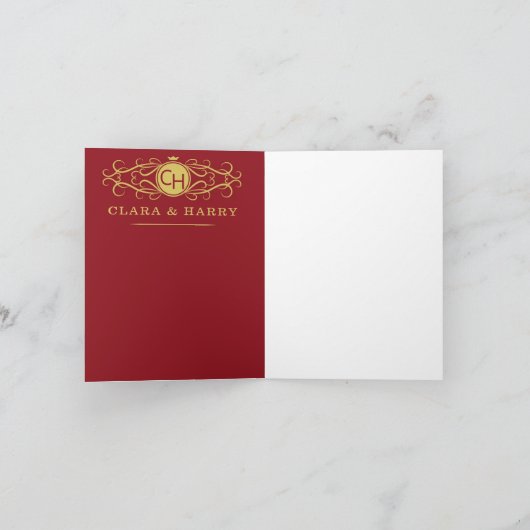 Romantic red gold elegant monogramme wedding  招待状 (内部)