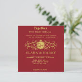 Romantic red gold elegant monogramme wedding  招待状 (スタンド正面)