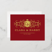 Romantic red gold elegant monogramme wedding  箔シーズンポストカード (正面/裏面)