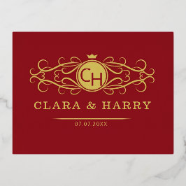 Romantic red gold elegant monogramme wedding  箔シーズンポストカード