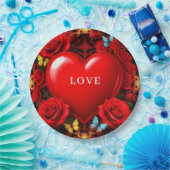 Romantic Red Heart Framed by Roses and Butterflies ペーパープレート (パーティー)