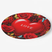Romantic Red Heart Framed by Roses and Butterflies ペーパープレート (アングル)