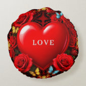 Romantic Red Heart Framed by Roses and Butterflies ラウンドクッション (裏面)