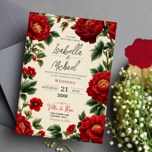 Romantic Red Peony Elegant Floral Luxury Botanical 招待状