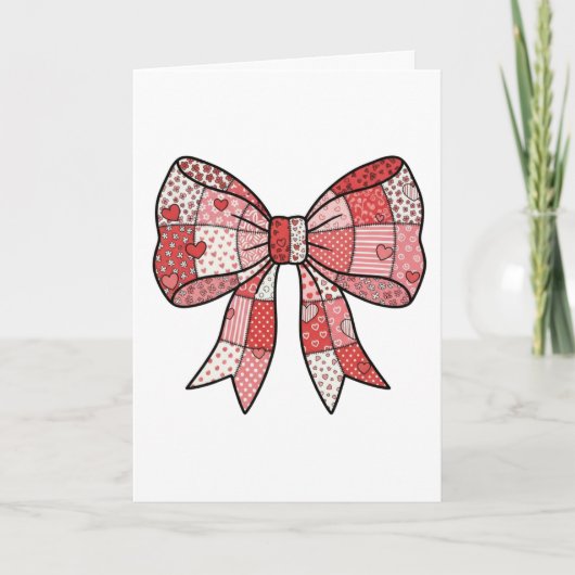 Romantic Red Pink Patchwork Ribbon Bow Drawing  カード (正面)