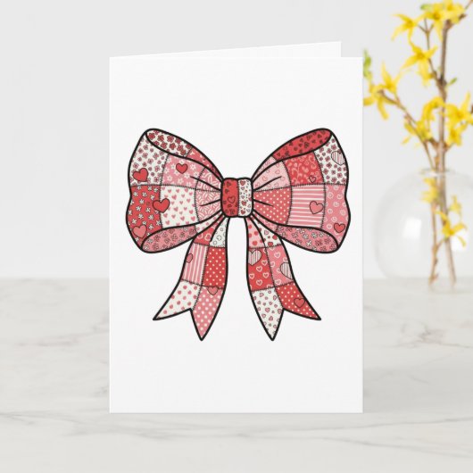 Romantic Red Pink Patchwork Ribbon Bow Drawing  カード (黄色い花)