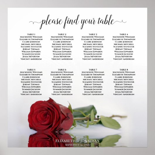Romantic Red Rose 8 Table Wedding Seating Chart ポスター (正面)