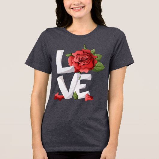 Romantic Red Rose Botanical Love Typography トライブレンドＴシャツ (正面)