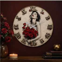 Romantic Red Rose Bouquet Elegant Vintage Floral ラージ壁時計