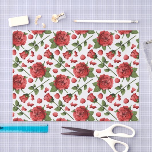 Romantic Red Rose Buds & Petals with Foliage 薄葉紙 (クラフト)